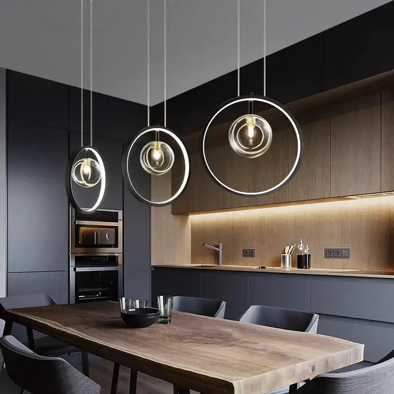 Modern decorbites crystal chandelier stair pendant light with black and clear glass rings and sleek metallic finish
