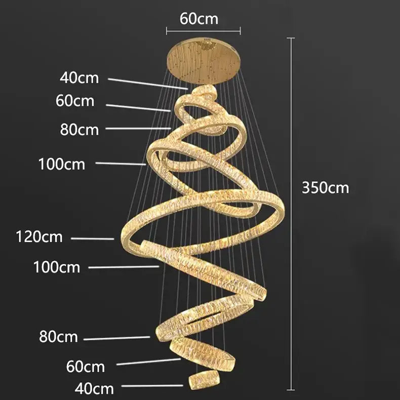 Decorbites crystal chandelier featuring a golden spiral with glowing rings and a wooden ceiling mount for modern interiors