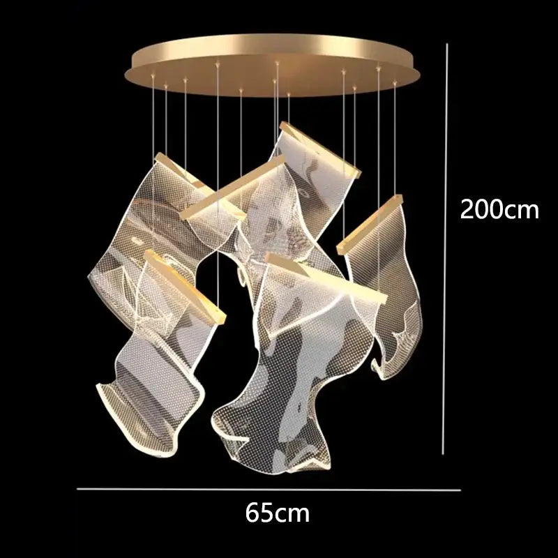 Gold-toned DecorBites crystal chandelier stair pendant lamp with translucent mesh fabric elements and thin cord suspension