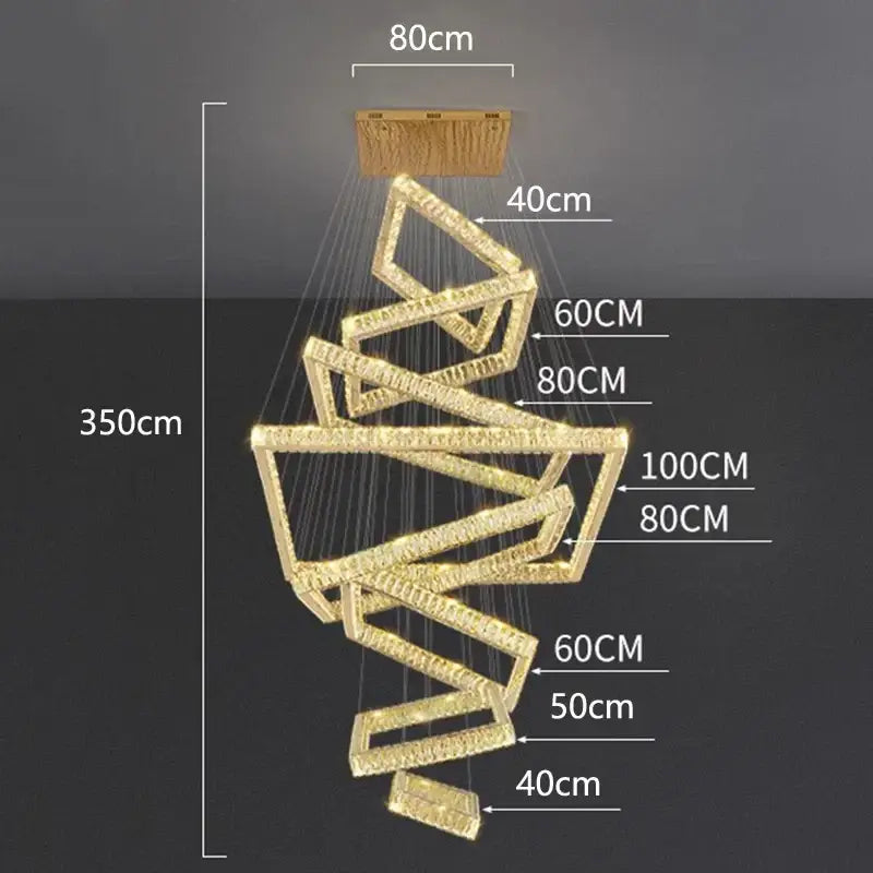 Golden spiral decorbites crystal chandelier with crystal-encrusted rectangular frames and wooden ceiling mount for stair lighting