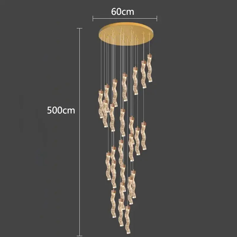 Gold-toned decorbites crystal chandelier pendant lamp with cascading wavy crystal strands and brass circular base for living room lighting