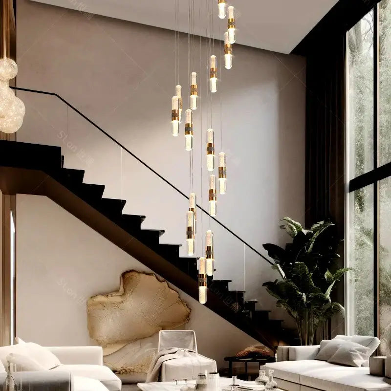 Modern gold-accented DecorBites crystal chandelier stair pendant lamp with frosted glass shades for living room lighting