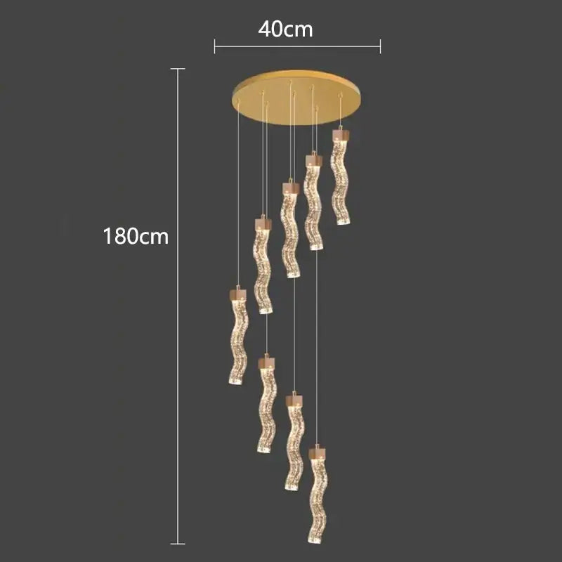 Gold-toned DecorBites crystal chandelier pendant lamp with seven wavy glass lights and wooden caps for living room lighting