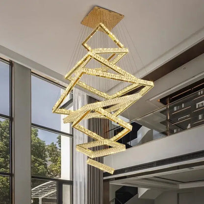Golden crystal chandelier with interlocking geometric rings from DecorBites crystal chandelier stair pendant lamp