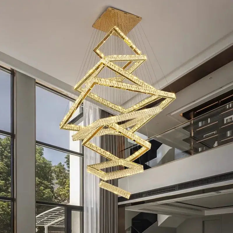 Golden crystal chandelier with interlocking geometric rings from DecorBites crystal chandelier stair pendant lamp