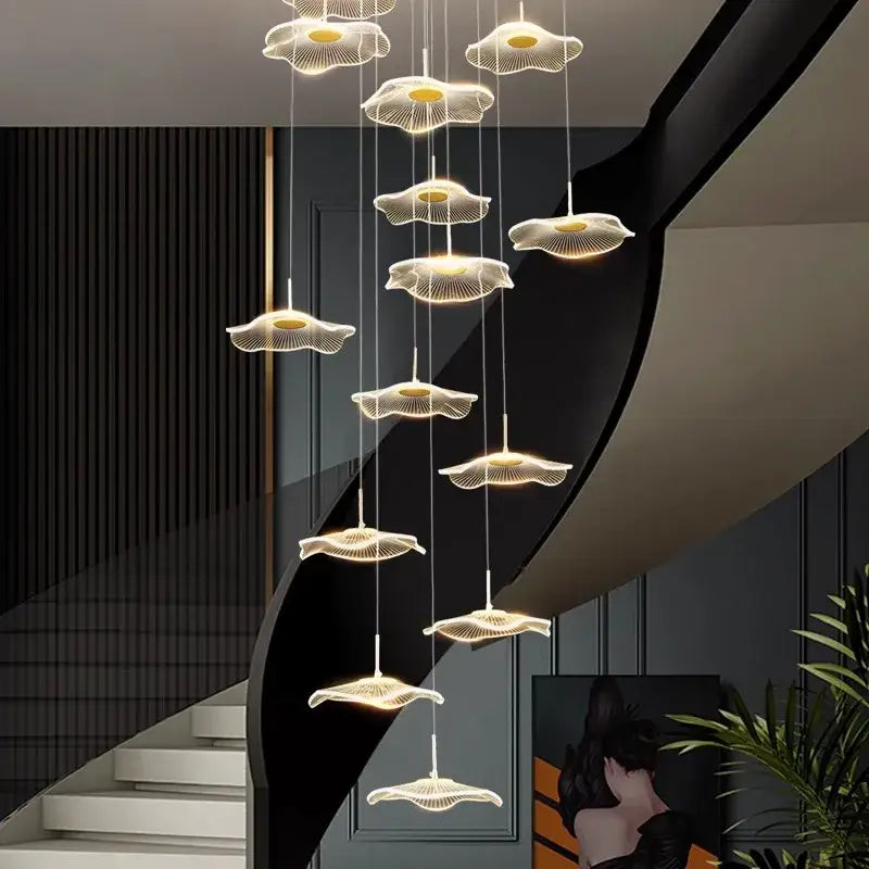 A modern DecorBites crystal chandelier stair pendant light with illuminated flower-shaped metallic wireframe fixtures