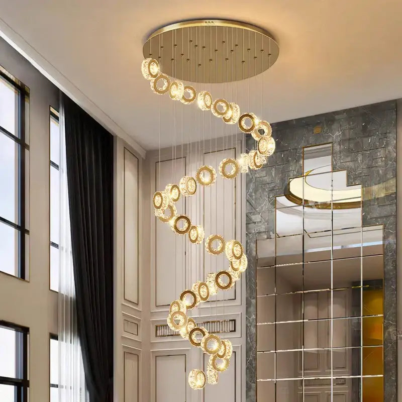 Golden spiral decorbites crystal chandelier with crystal rings and circular ceiling mount for stair pendant lighting