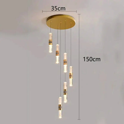 Gold-toned decorbites crystal chandelier stair pendant lamp with five cascading glass lights and brass accents