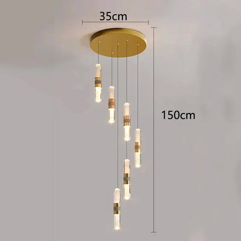 Gold-toned decorbites crystal chandelier stair pendant lamp with five cascading glass lights and brass accents