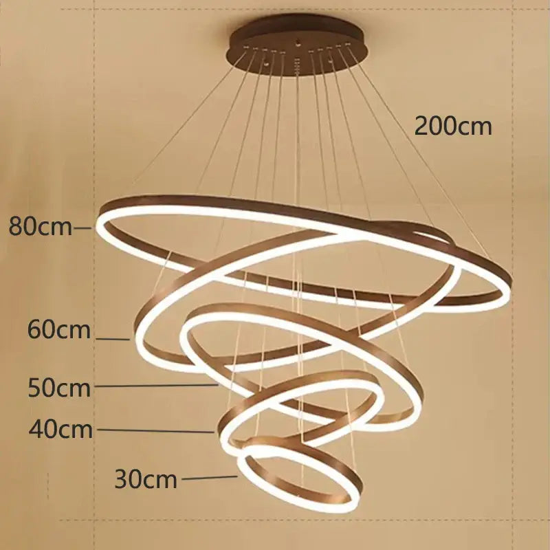 Modern bronze-finished decorbites crystal chandelier stair pendant lamp with multiple glowing circular rings for living room lighting