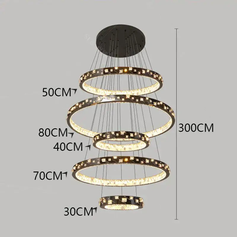 Decorbites crystal chandelier stair pendant lamp with five LED-lit rings and crystal accents suspended from black mount