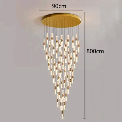 Gold-toned decorbites crystal chandelier pendant lamp with cascading clear glass tubes and brass accents for stair lighting