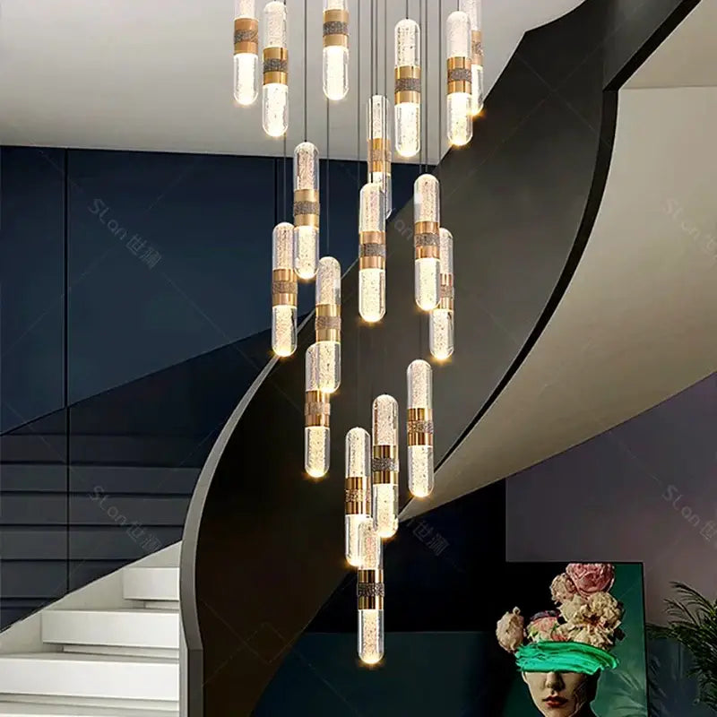Modern DecorBites crystal chandelier stair pendant lamp with clear glass tubes and gold-toned metallic bands for interior lighting