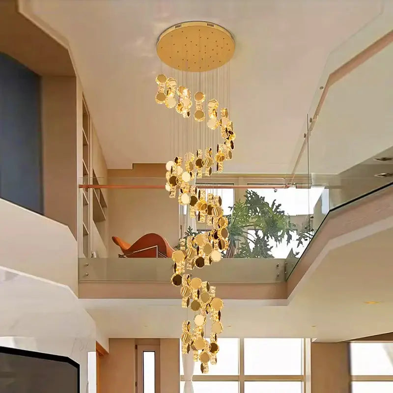 Decorbites crystal chandelier golden spiral with cascading circular discs for stair pendant and living room lighting