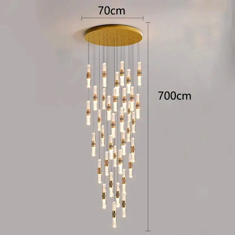 Gold-toned decorbites crystal chandelier stair pendant lamp with cascading cylindrical glass and metal lights, 70cm diameter 700cm tall