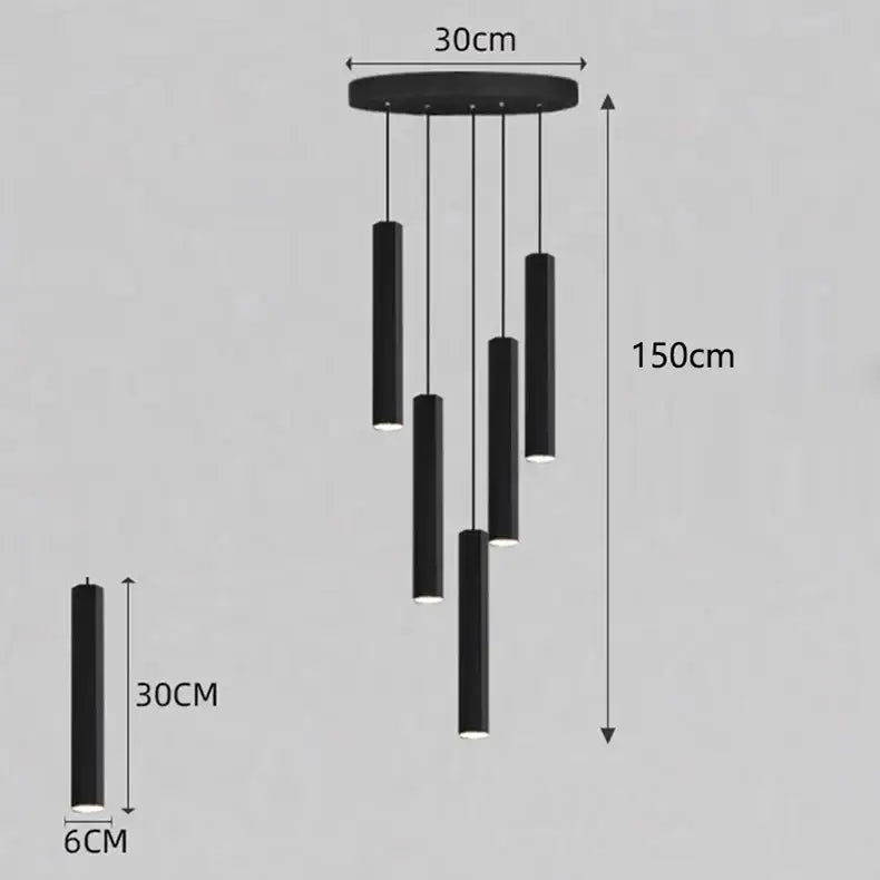 Black cylindrical pendant lamp with five rods and circular mount in decorbites crystal chandelier stair design