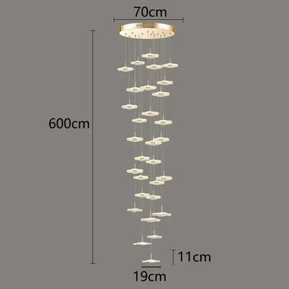 A modern decorbites crystal chandelier pendant light with gold base and translucent petal lights for stair or living room