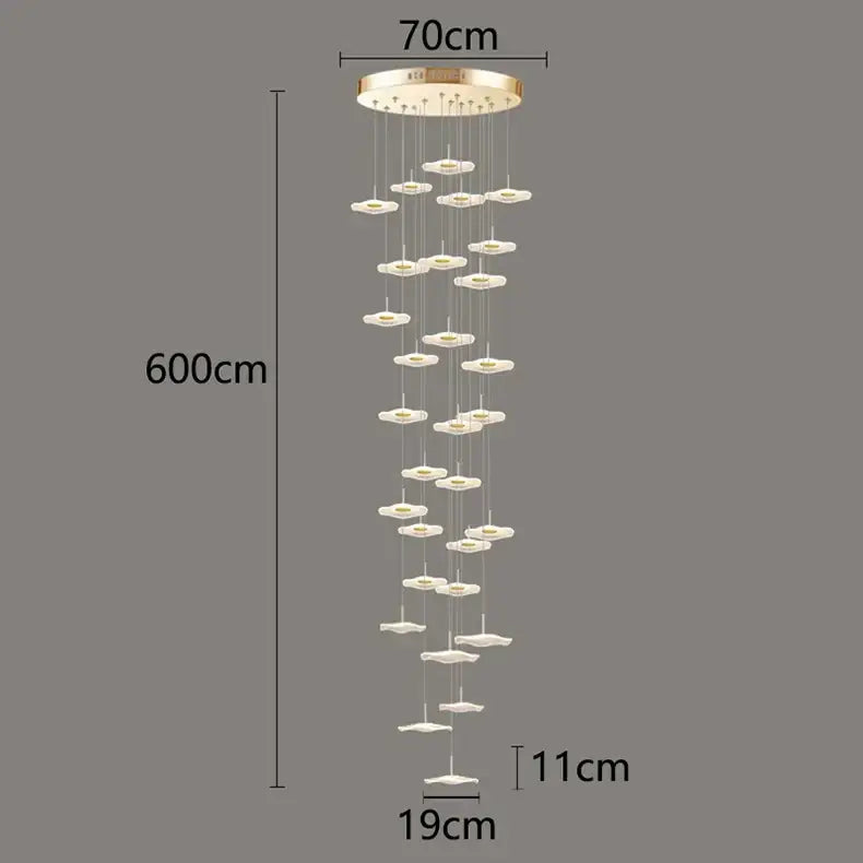 A modern decorbites crystal chandelier pendant light with gold base and translucent petal lights for stair or living room