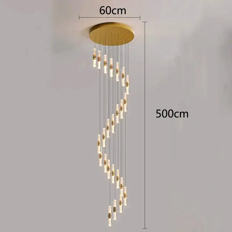 Gold-toned decorbites crystal chandelier stair pendant lamp with cascading glass cylinders for living room lighting