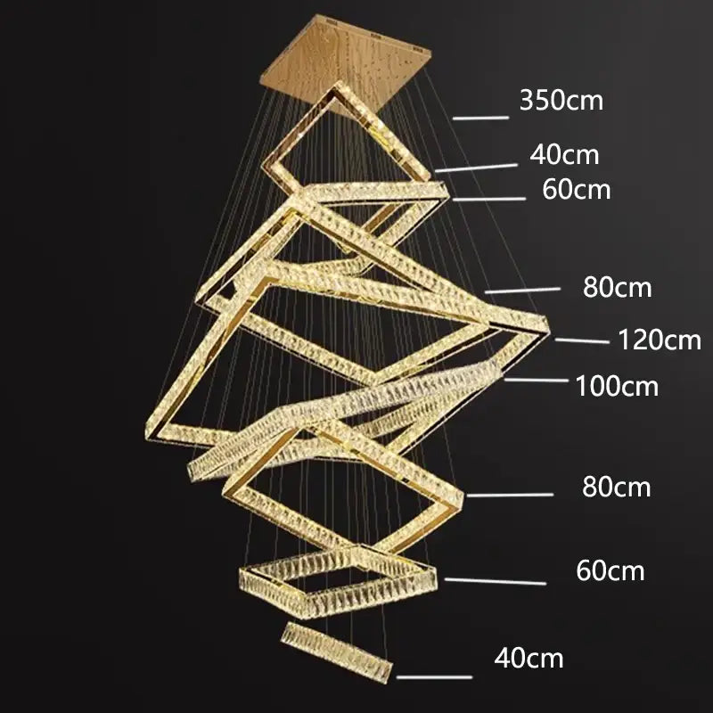 Golden geometric DecorBites crystal chandelier stair pendant lamp with cascading crystal-like rectangular tiers