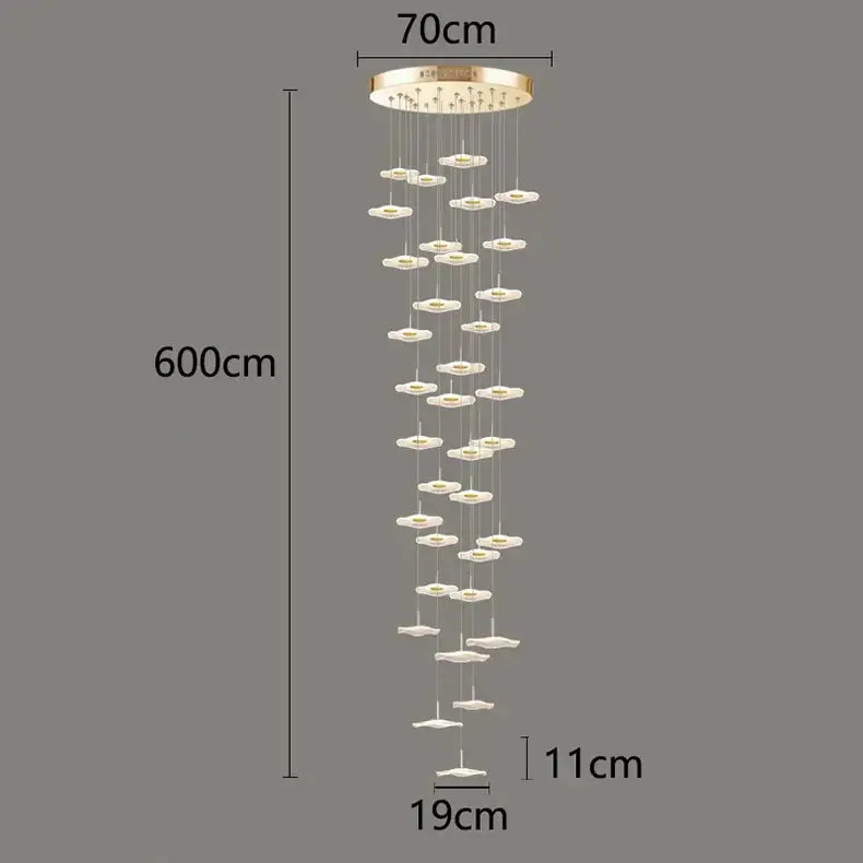 DecorBites crystal chandelier stair pendant light with gold mount and white translucent disc shades for living room
