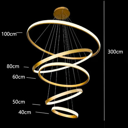 Gold-toned DecorBites crystal chandelier pendant lamp with concentric LED rings for stair and living room lighting