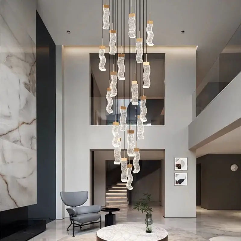 A modern DecorBites crystal chandelier pendant lamp with clear textured glass and wooden accents for interior lighting