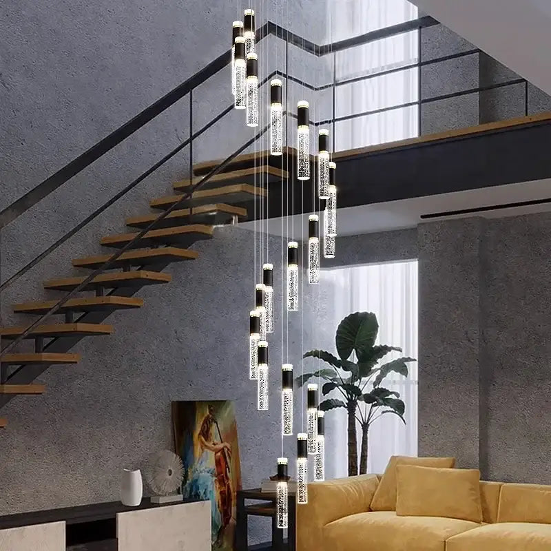 Modern cylindrical decorbites crystal chandelier with black and clear glass elements for contemporary living rooms
