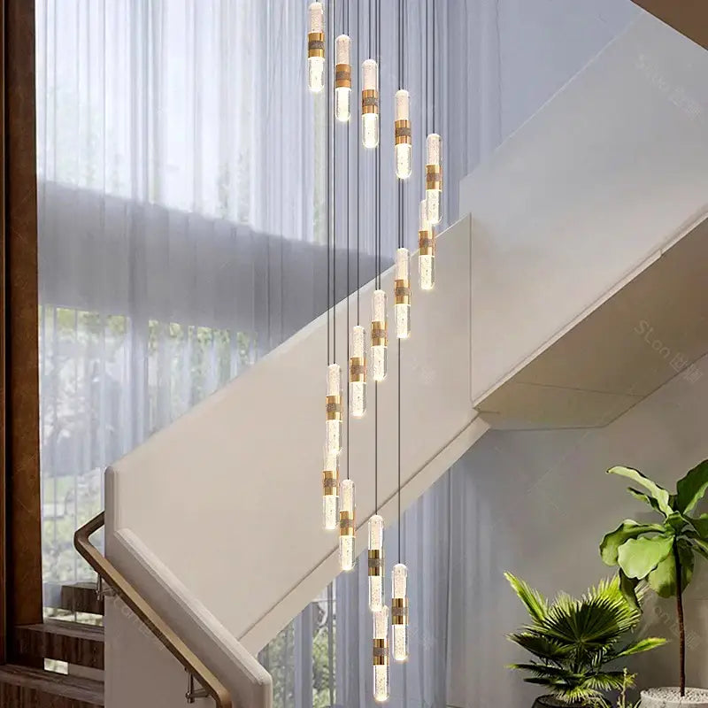Modern minimalist decorbites crystal chandelier pendant lamp with clear glass cylinders and gold bands for stair lighting