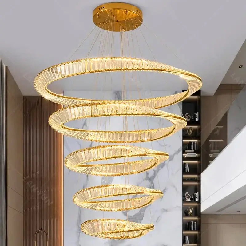 Decorbites crystal chandelier with golden spiral and faceted crystal rings for living room pendant lighting