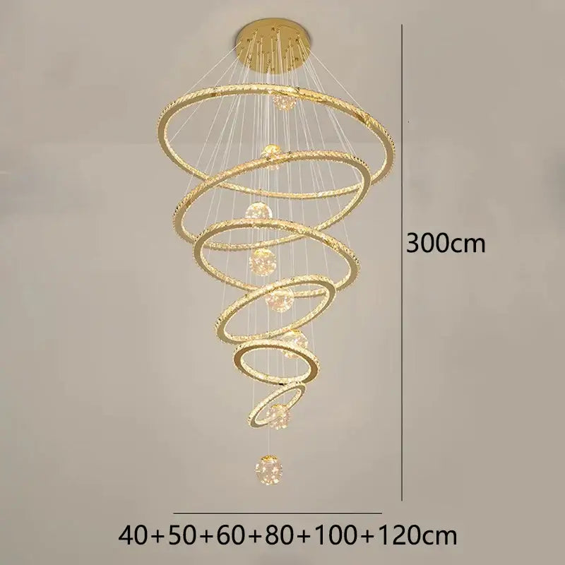 Golden spiral decorbites crystal chandelier with multiple concentric rings and crystal accents for living room lighting