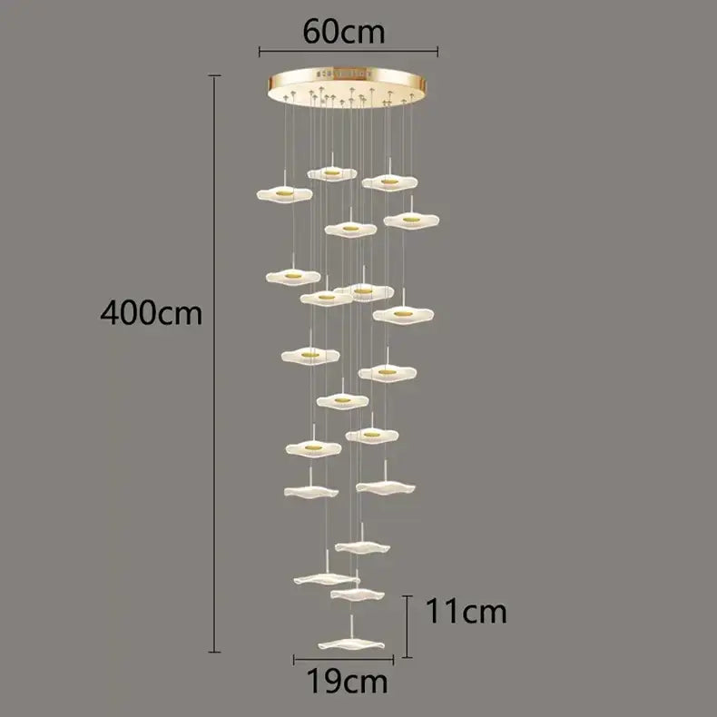 Modern 400cm decorbites crystal chandelier stair pendant light with gold mount and white petal led fixtures