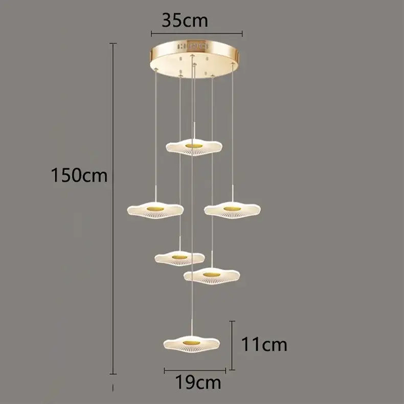 Modern decorbites crystal chandelier stair pendant light with five white petal lampshades and gold ceiling mount