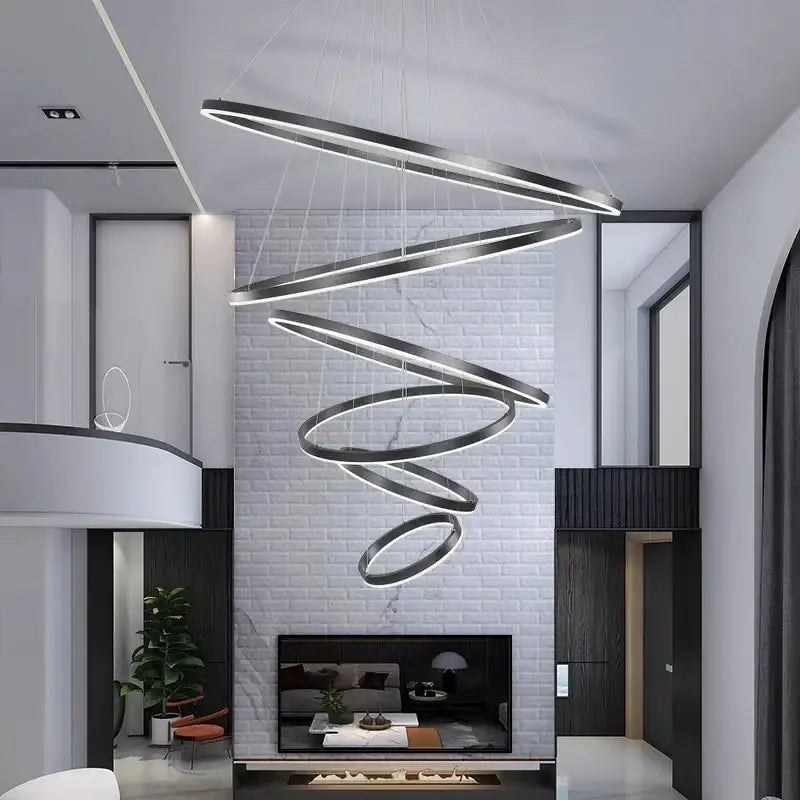 Modern decorbites crystal chandelier pendant lamp with sleek metallic rings and integrated led lighting for stair interior lighting