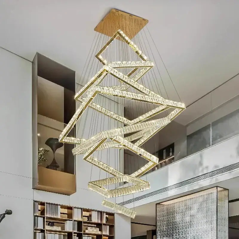 Golden crystal chandelier with geometric crystal-encrusted rectangular frames from decorbites crystal chandelier stair pendant lamp