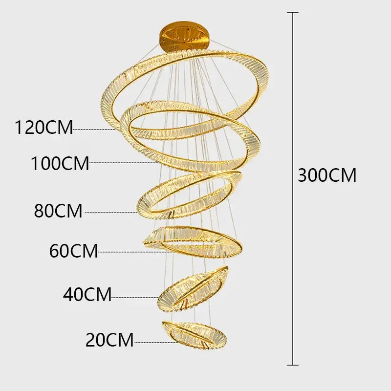 Golden spiral decorbites crystal chandelier with multiple concentric rings and embedded crystal accents for living room lighting