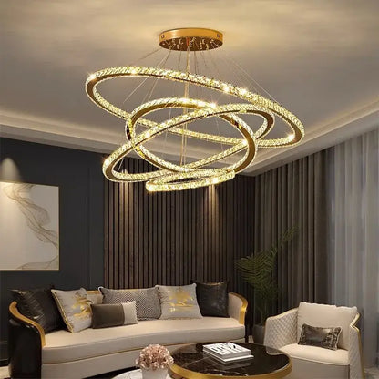 Golden crystal chandelier stair pendant light by DecorBites with interlocking rings and embedded lights for living room decor