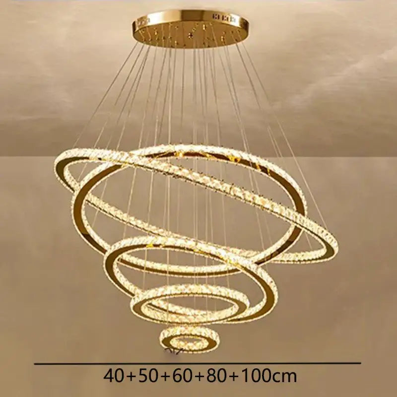 Gold-toned decorbites crystal chandelier pendant light with interlocking crystal rings for living room stair lighting