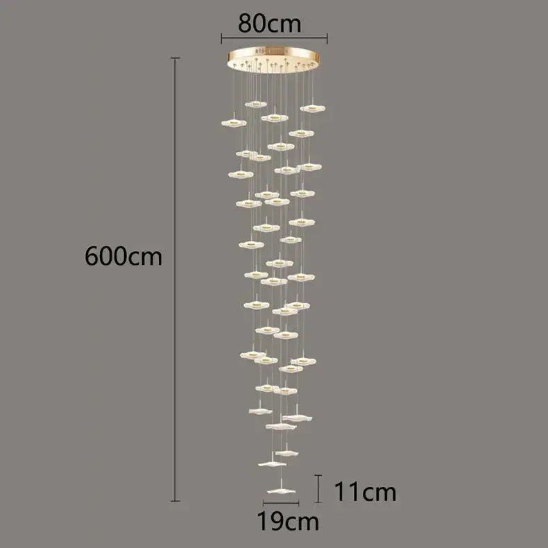 DecorBites crystal chandelier stair pendant light with gold-toned mount and white disc lights for living room decor