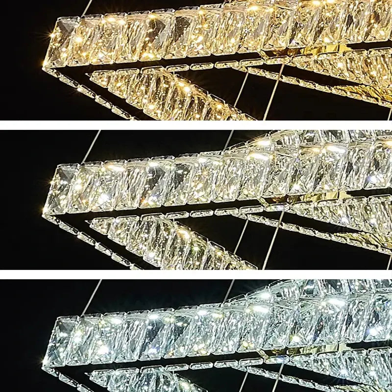 A modern decorbites crystal chandelier with cascading faceted crystals in a gold frame for stair lighting