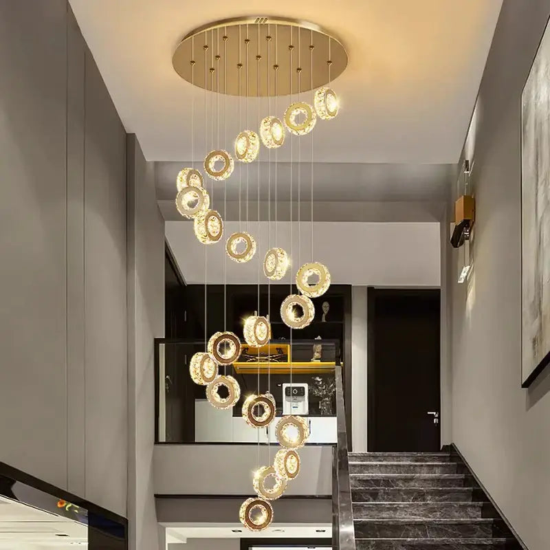 Golden circular decorbites crystal chandelier pendant light with crystal accents for stair and living room lighting
