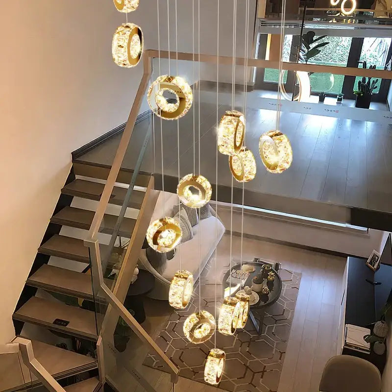 Decorbites crystal chandelier stair pendant with golden crystal circular ring lights for living room lighting