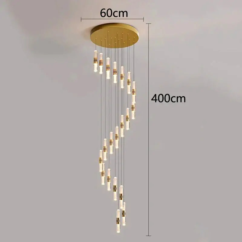 Gold-toned decorbites crystal chandelier pendant lamp with cascading glass bulbs and metallic accents for stair lighting