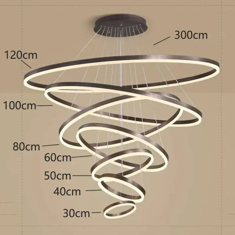 Modern spiral decorbites crystal chandelier pendant lamp with black metal rings and warm white led lights for stair lighting