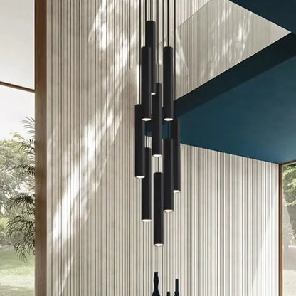 Modern black cylindrical pendant lamp with sleek minimalist design from decorbites crystal chandelier stair collection