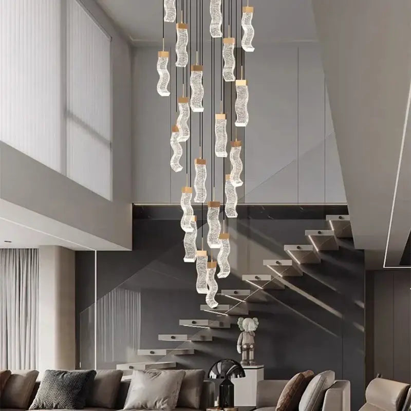 A modern DecorBites crystal chandelier pendant lamp with clear textured glass and wooden accents for living room lighting