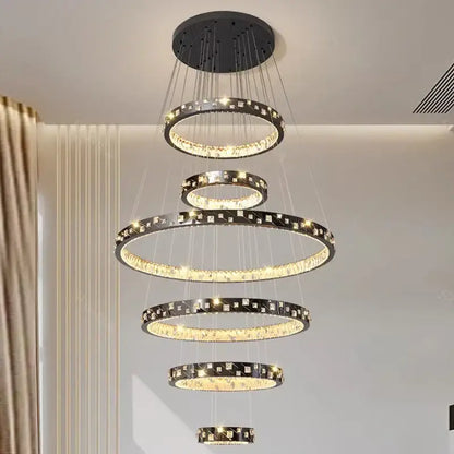 Modern black DecorBites crystal chandelier stair pendant with cascading rings and sparkling crystal accents for living rooms