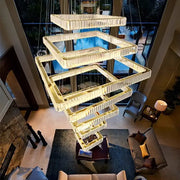DecorBites crystal chandelier stair pendant lamp with multi-tiered cascading clear crystals and gold-toned frames