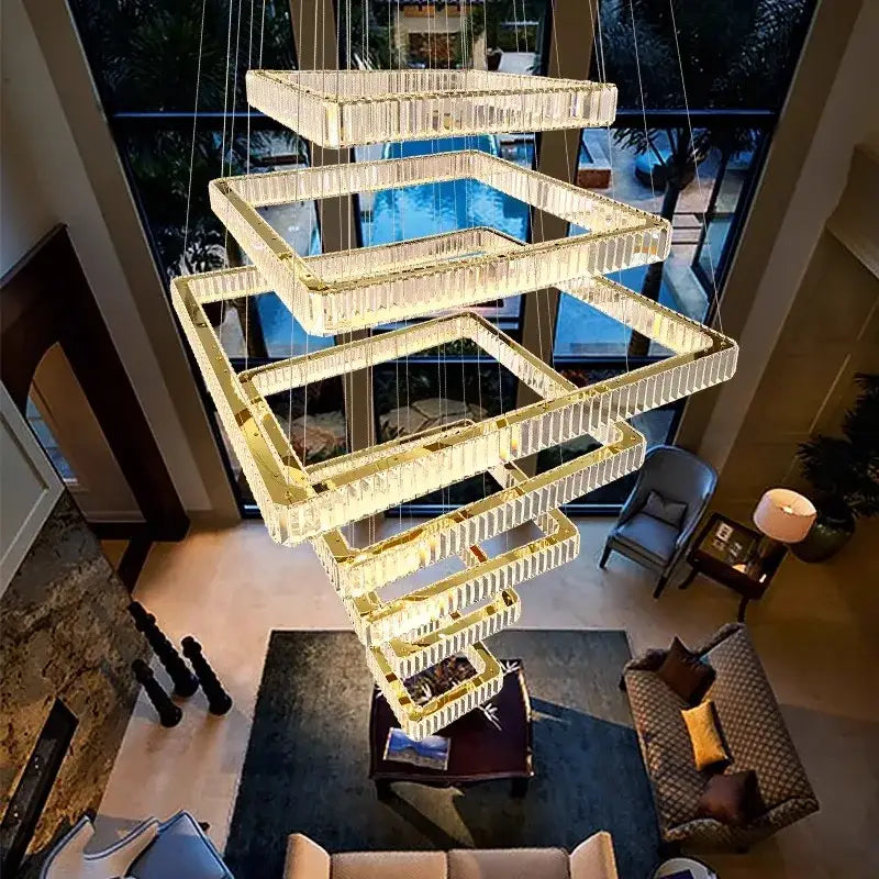 DecorBites crystal chandelier stair pendant lamp with multi-tiered cascading clear crystals and gold-toned frames