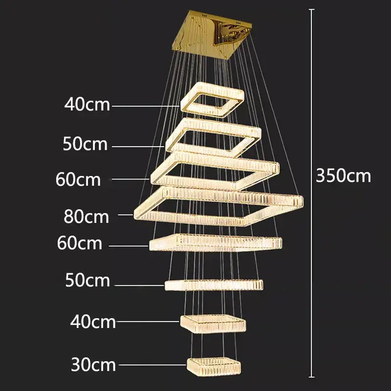 Golden decorbites crystal chandelier stair pendant lamp with rectangular crystal-encrusted fixtures in a cascading spiral design